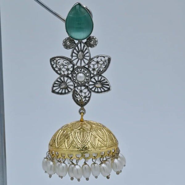 Antique Gold and Silver Jhumka Earrings with Green Stone and Pearl Accents - UB Jewellerys 