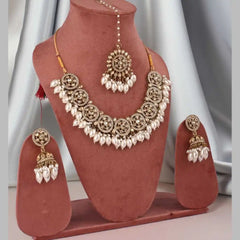 Antique-Style Pearl Drop Kundan Necklace Set with Maang Tikka - Traditional Indian Bridal Jewelry Collection - UB Jewellerys 