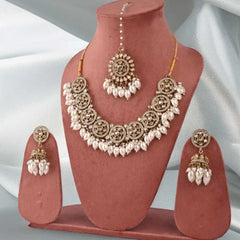 Antique-Style Pearl Drop Kundan Necklace Set with Maang Tikka - Traditional Indian Bridal Jewelry Collection - UB Jewellerys 