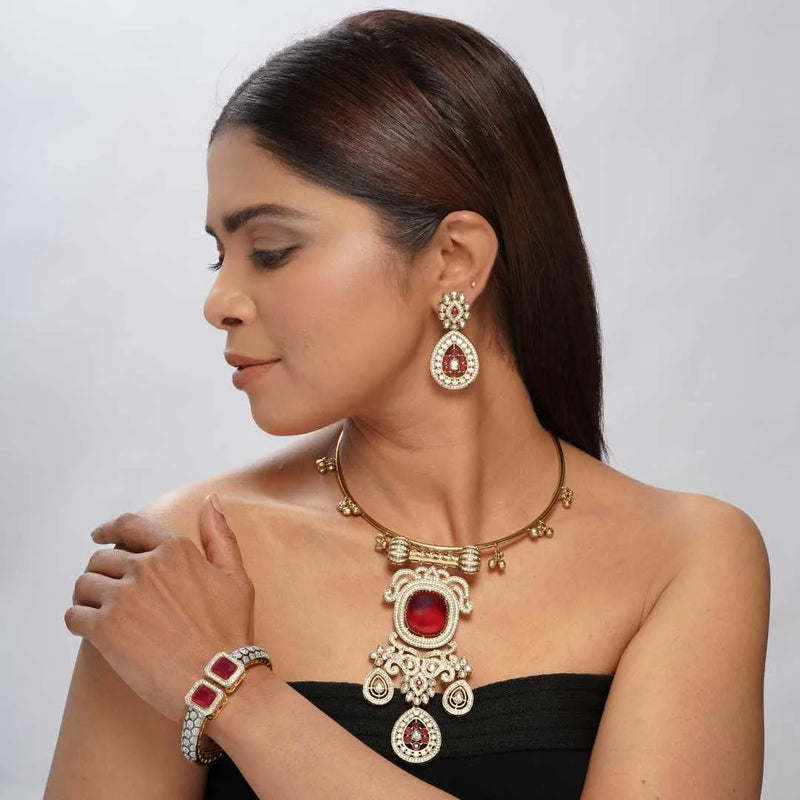Antique Hasli Gold-Plated Kundan and Ruby Choker Necklace Set - UB Jewellerys 