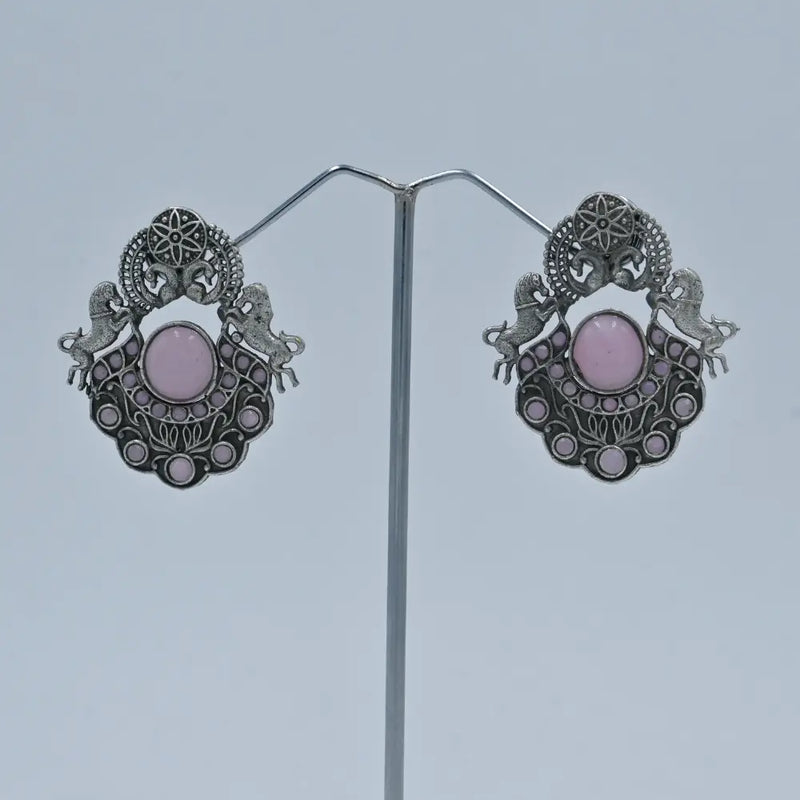 Antique Oxidized Earrings with Pink Stone and Horse Motif - UB Jewellerys 