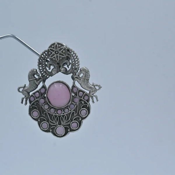 Antique Oxidized Earrings with Pink Stone and Horse Motif - UB Jewellerys 