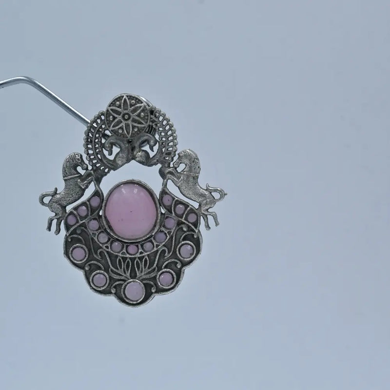 Antique Oxidized Earrings with Pink Stone and Horse Motif - UB Jewellerys 