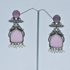 Antique Pink Stone Oxidized Earrings with Pearl Drops - UB Jewellerys 