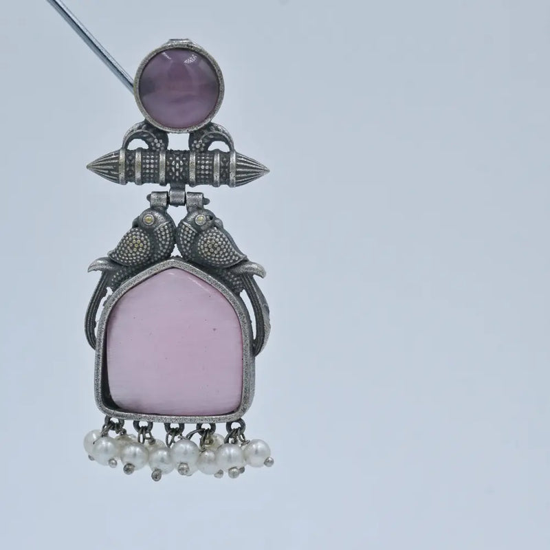 Antique Pink Stone Oxidized Earrings with Pearl Drops - UB Jewellerys 