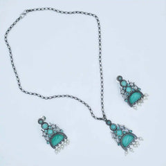 Antique Silver-Plated Necklace Set with Aqua Green Stones and Pearl Drops - UB Jewellerys 