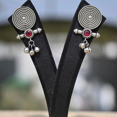 Antique Silver-Plated Oxidized Jhumka Earrings with Red Stone - UB Jewellerys 