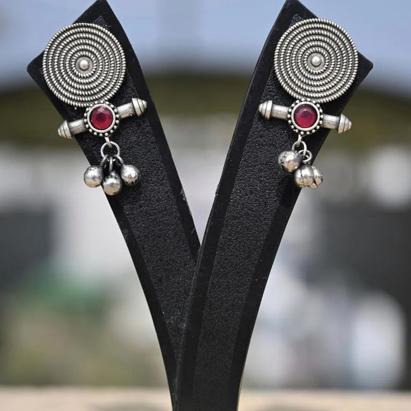 Antique Silver-Plated Oxidized Jhumka Earrings with Red Stone - UB Jewellerys 