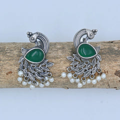 Antique Silver Peacock Earrings with Green Stone & Pearls - UB Jewellerys 
