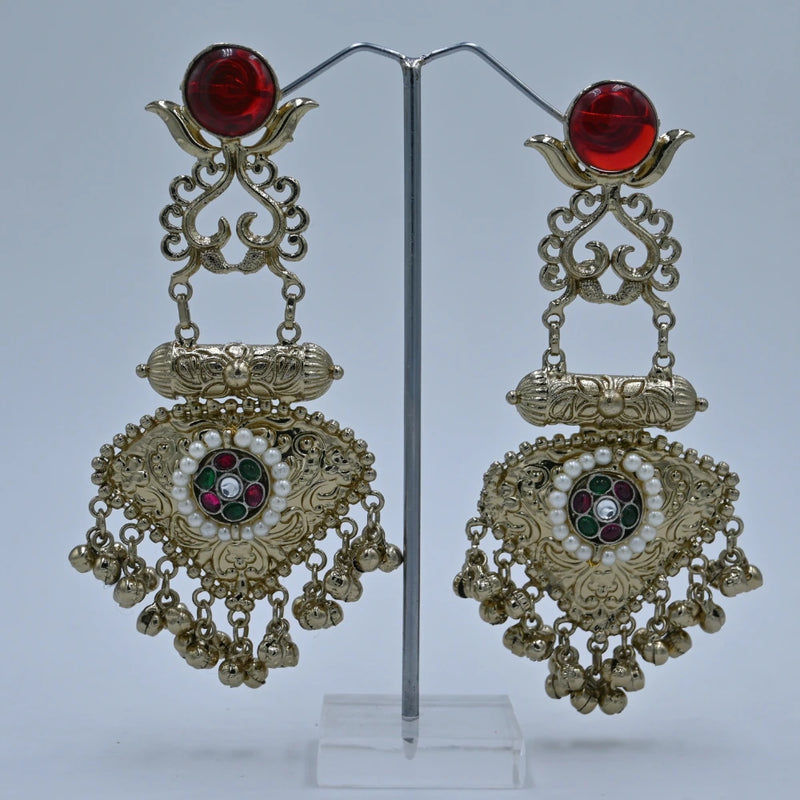 Antique Gold-Tone Dangler Earrings with Red Stone and ghungroo Embellishments - UB Jewellerys 
