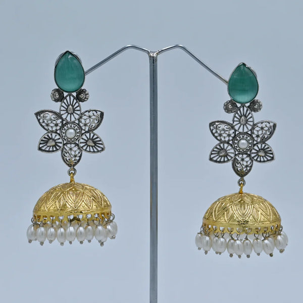 Antique Gold and Silver Jhumka Earrings with Green Stone and Pearl Accents - UB Jewellerys 
