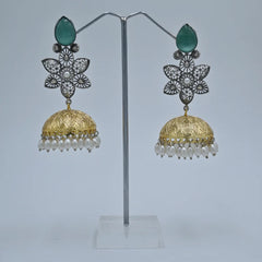 Antique Gold and Silver Jhumka Earrings with Green Stone and Pearl Accents - UB Jewellerys 