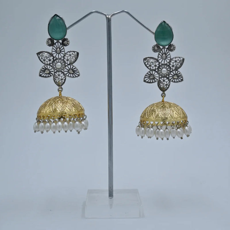 Antique Gold and Silver Jhumka Earrings with Green Stone and Pearl Accents - UB Jewellerys 