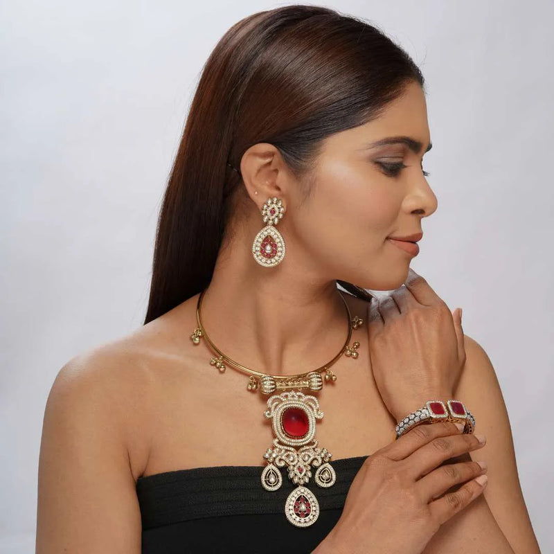 Antique Hasli Gold-Plated Kundan and Ruby Choker Necklace Set - UB Jewellerys 