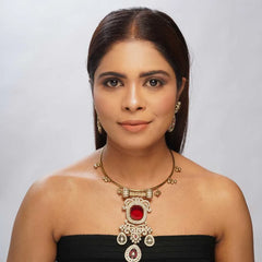 Antique Hasli Gold-Plated Kundan and Ruby Choker Necklace Set - UB Jewellerys 