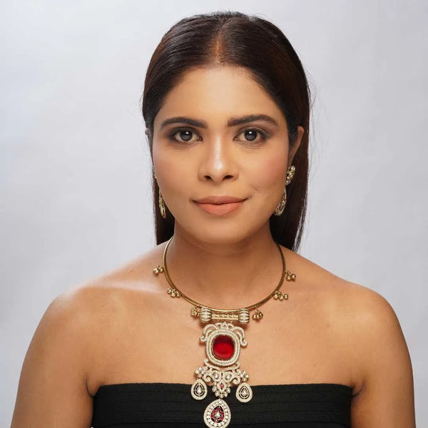 Antique Hasli Gold-Plated Kundan and Ruby Choker Necklace Set - UB Jewellerys 