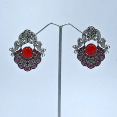 Antique Oxidized Earrings with Pink Stone and Horse Motif - UB Jewellerys 