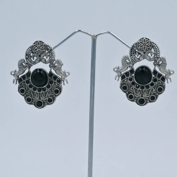 Antique Oxidized Earrings with Pink Stone and Horse Motif - UB Jewellerys 