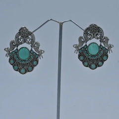 Antique Oxidized Earrings with Pink Stone and Horse Motif - UB Jewellerys 