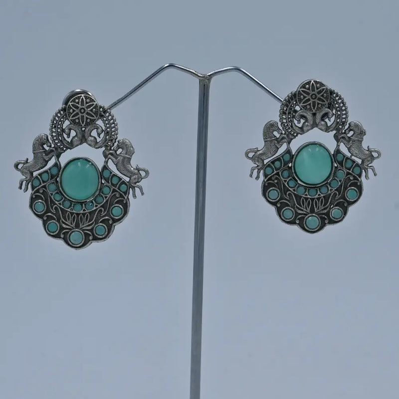 Antique Oxidized Earrings with Pink Stone and Horse Motif - UB Jewellerys 