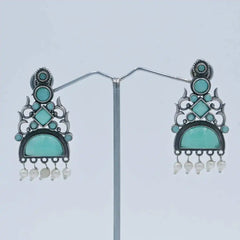 Antique Silver-Plated Necklace Set with Aqua Green Stones and Pearl Drops - UB Jewellerys 
