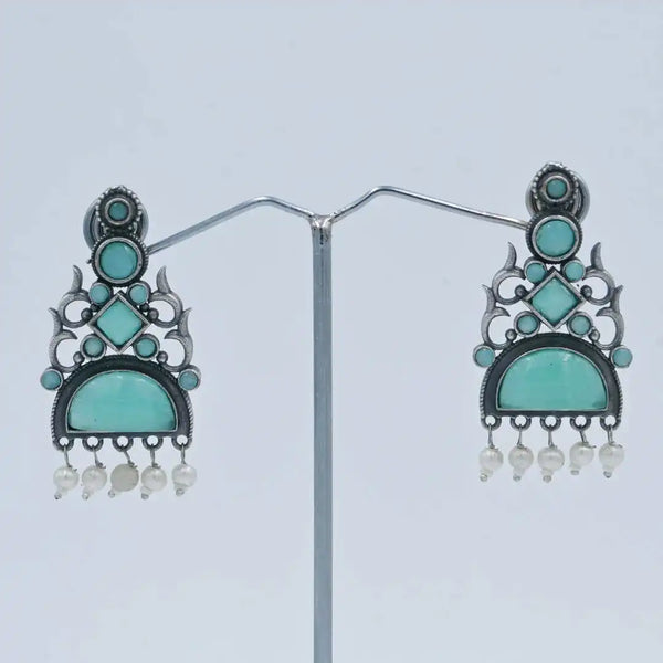 Antique Silver-Plated Necklace Set with Aqua Green Stones and Pearl Drops - UB Jewellerys 