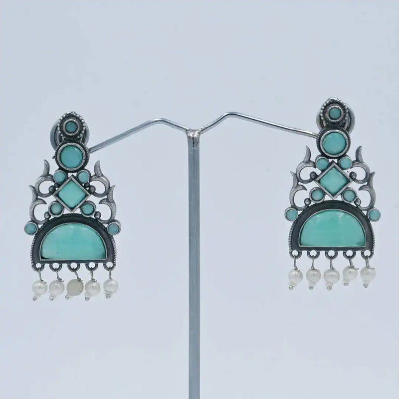 Antique Silver-Plated Necklace Set with Aqua Green Stones and Pearl Drops - UB Jewellerys 