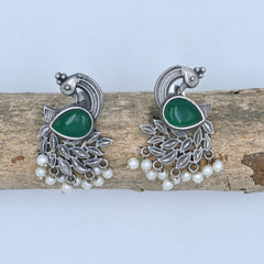 Antique Silver Peacock Earrings with Green Stone & Pearls - UB Jewellerys 