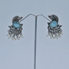 Antique Silver Peacock Earrings with Green Stone & Pearls - UB Jewellerys 