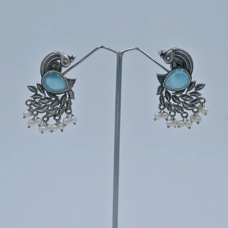 Antique Silver Peacock Earrings with Green Stone & Pearls - UB Jewellerys 