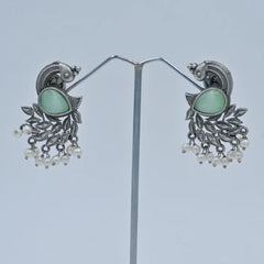 Antique Silver Peacock Earrings with Green Stone & Pearls - UB Jewellerys 