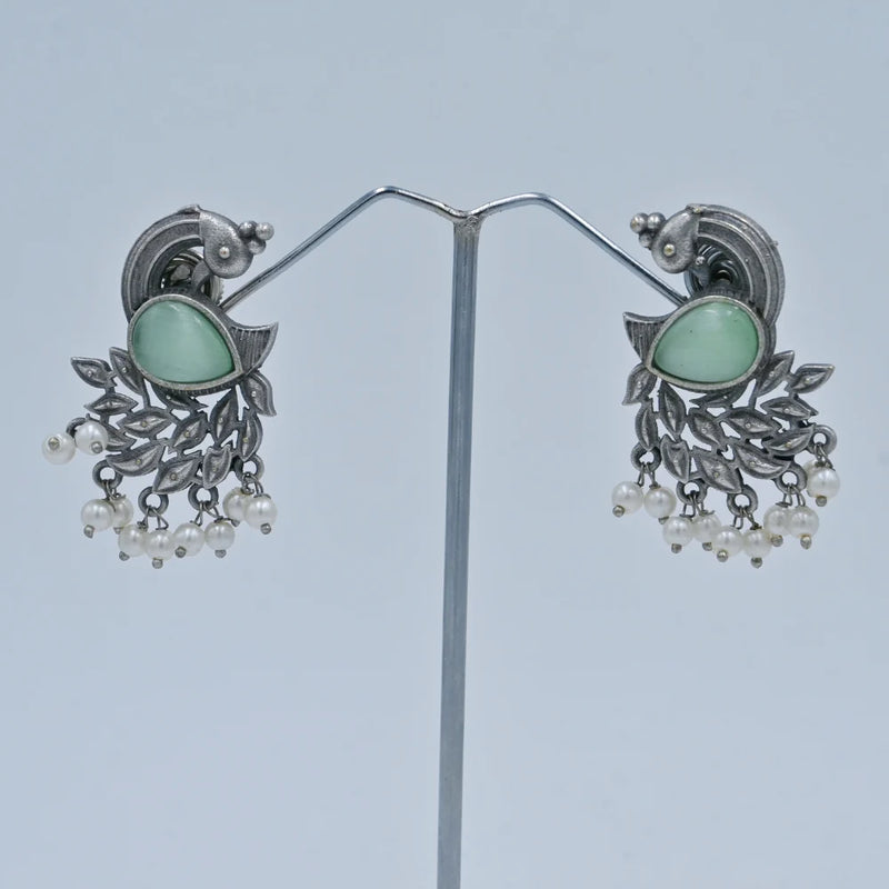 Antique Silver Peacock Earrings with Green Stone & Pearls - UB Jewellerys 