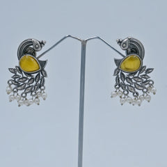 Antique Silver Peacock Earrings with Green Stone & Pearls - UB Jewellerys 