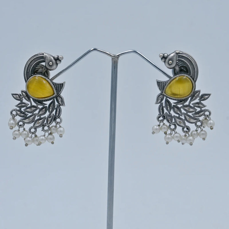 Antique Silver Peacock Earrings with Green Stone & Pearls - UB Jewellerys 