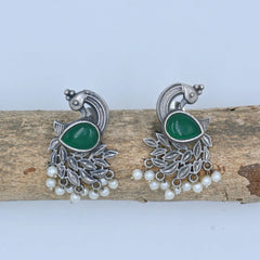 Antique Silver Peacock Earrings with Green Stone & Pearls - UB Jewellerys 