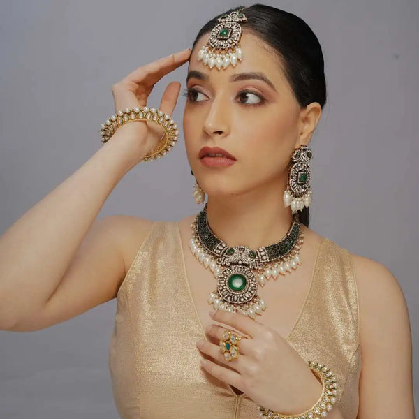 Antique looking Green AD Kundan Necklace Set – Pearl Drop Bridal Jewelry - UB Jewellerys 