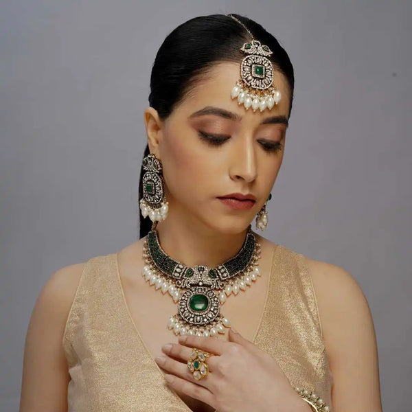 Antique looking Green AD Kundan Necklace Set – Pearl Drop Bridal Jewelry - UB Jewellerys 