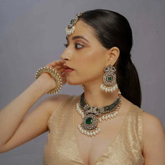 Antique looking Green AD Kundan Necklace Set – Pearl Drop Bridal Jewelry - UB Jewellerys 