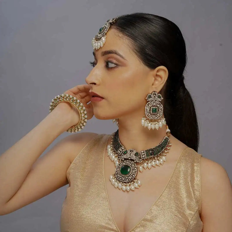 Antique looking Green AD Kundan Necklace Set – Pearl Drop Bridal Jewelry - UB Jewellerys 