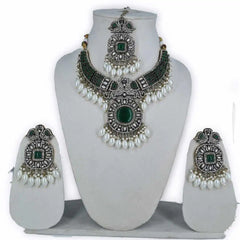Antique looking Green AD Kundan Necklace Set – Pearl Drop Bridal Jewelry - UB Jewellerys 