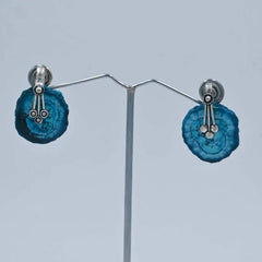 Blue Stone Textured Drop Earrings with Antique Silver Detailing - UB Jewellerys 