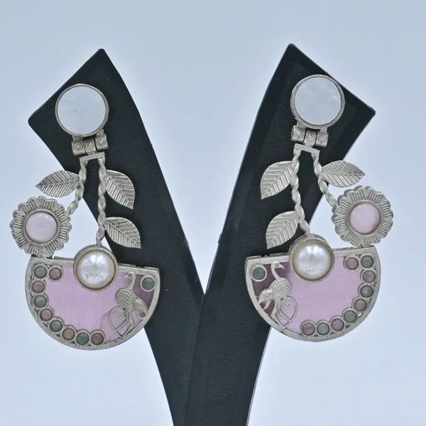 Elegant Silver-Plated Pink Enamel Earrings with Floral and Bird Design - UB Jewellerys 