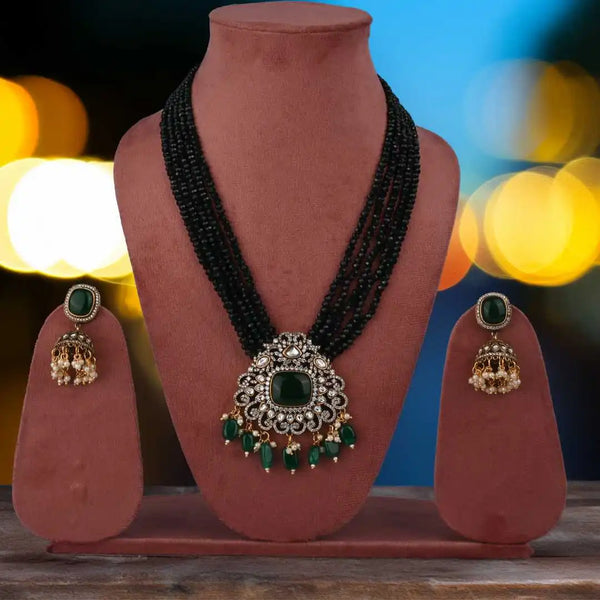 Elegant Green Beaded Necklace Set with Emerald Green Pendant & Pearl Jhumka Earrings - UB Jewellerys 
