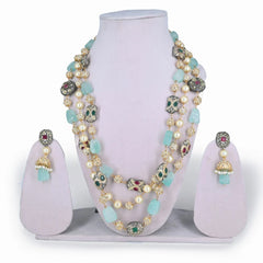 Elegant Mint Green & Pearl Multi-Layered Kundan Necklace Set - UB Jewellerys 