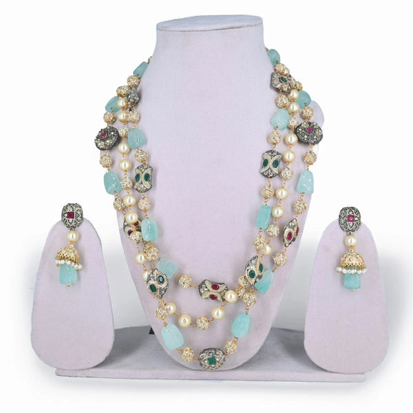 Elegant Mint Green & Pearl Multi-Layered Kundan Necklace Set - UB Jewellerys 