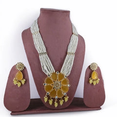 Elegant Multi-Strand Pearl Necklace Set with yellow Floral Pendant and Matching Earrings - UB Jewellerys 