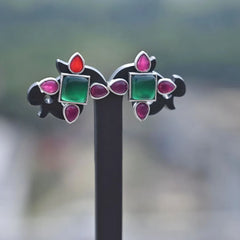 Elegant Silver-Plated Elephant Motif Stud Earrings with Green & Ruby Stones - UB Jewellerys 