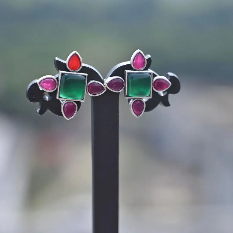 Elegant Silver-Plated Elephant Motif Stud Earrings with Green & Ruby Stones - UB Jewellerys 