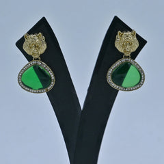 Elegant Tiger Motif Earrings with Transparent Green Stone - UB Jewellerys 