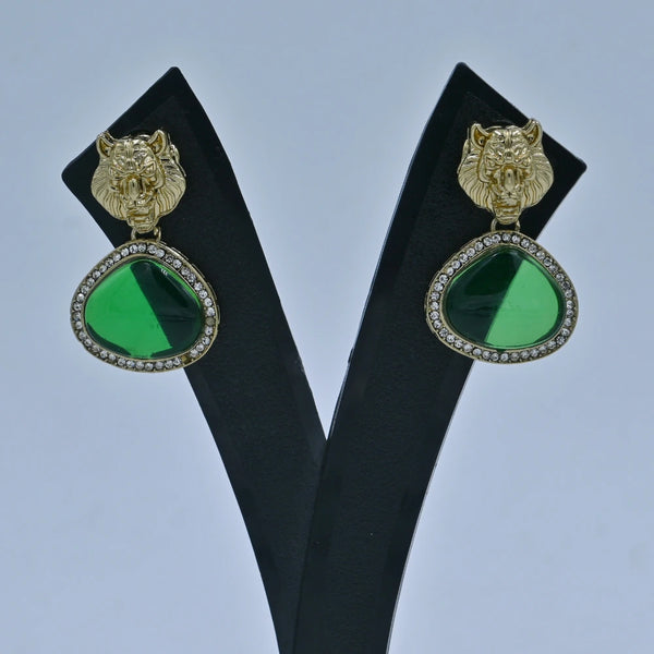 Elegant Tiger Motif Earrings with Transparent Green Stone - UB Jewellerys 
